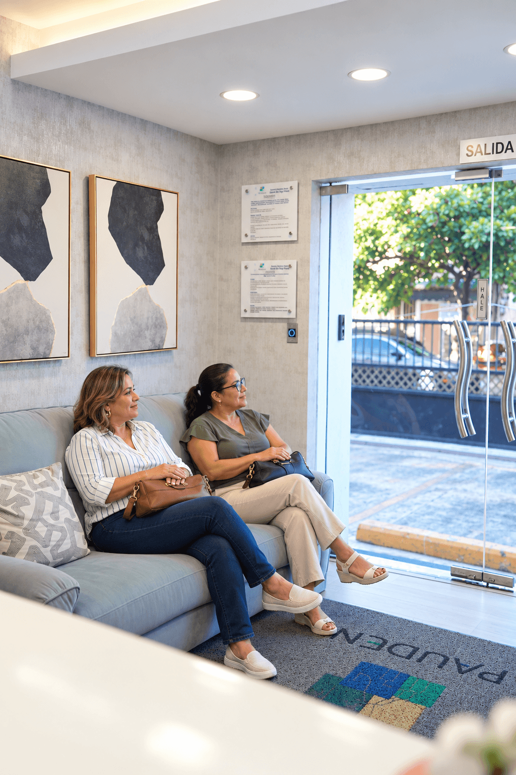Dos mujeres sentadas en el sofá de la recepción de PAUDENT.